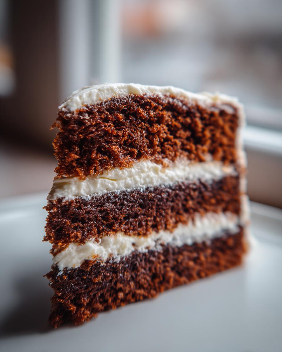 Close-up of a moist slice of Gingerbread Layer Cake showing three dark brown layers separated by thick white frosting.
