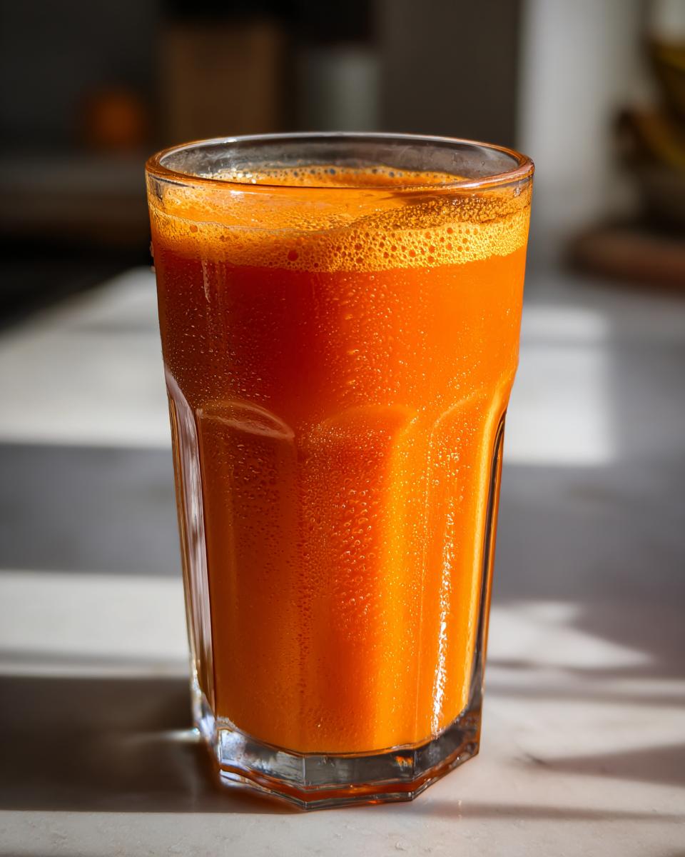 A tall, chilled glass filled with bright orange Pumpkin Juice, showing condensation and foam on top.
