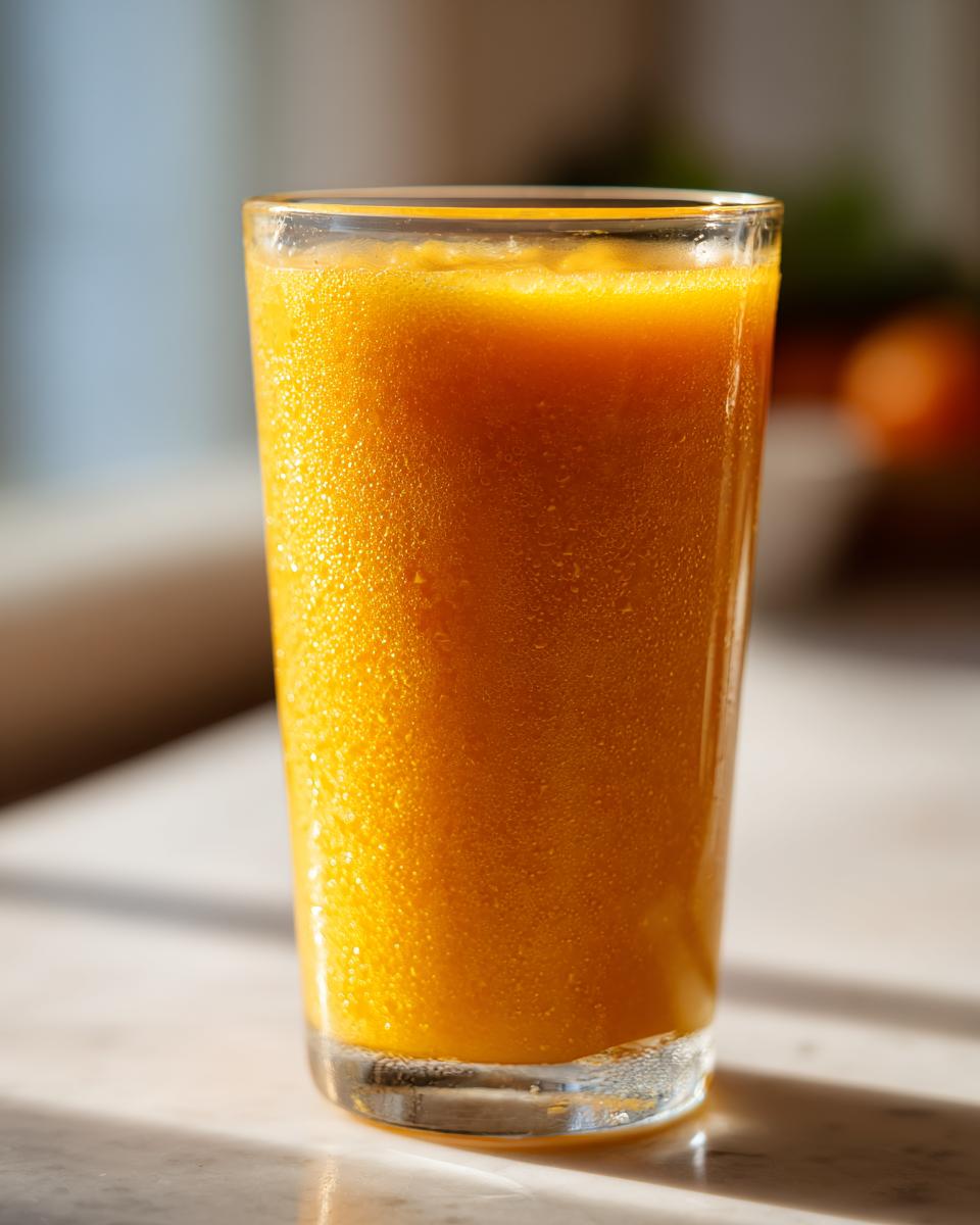 A tall, sweating glass filled with bright orange, frothy Pumpkin Juice sitting on a light surface.