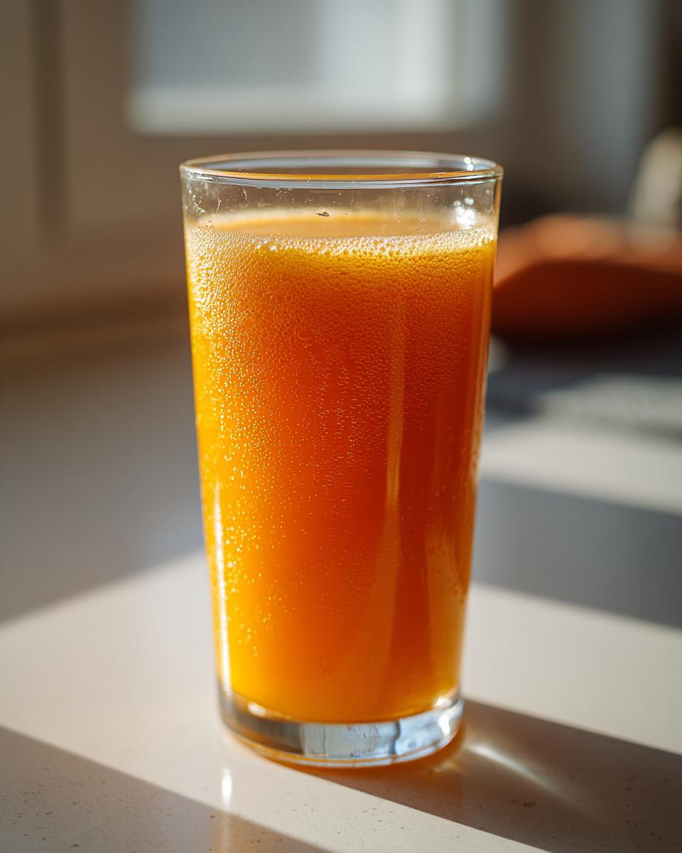 A tall glass filled with vibrant, frothy orange Pumpkin Juice sitting on a light countertop in bright sunlight.