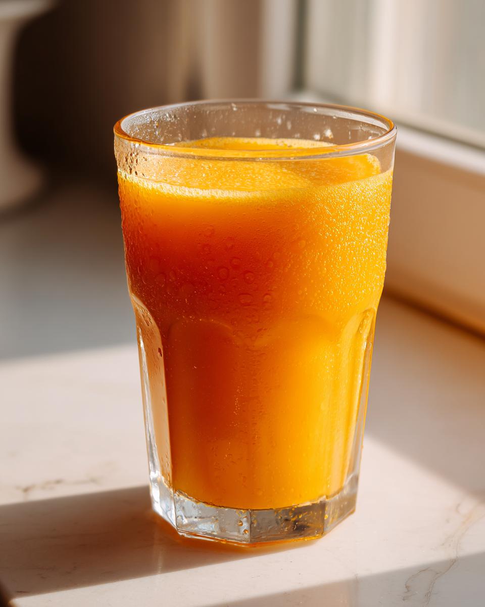 Close-up of a chilled glass filled with bright orange Pumpkin Juice, showing condensation droplets.