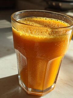 A tall, faceted glass filled with bright orange, frothy Pumpkin Juice sitting on a sunlit countertop.