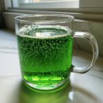 A clear glass mug filled with bright, fizzy Goblin Green Punch bubbling vigorously.