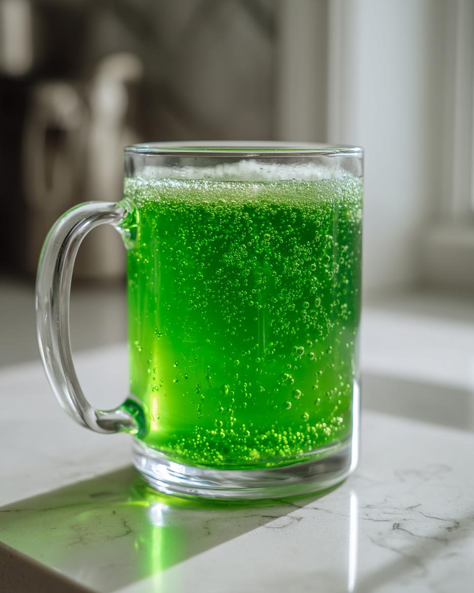 Close-up of a clear glass mug filled with vibrant, fizzy Goblin Green Punch.