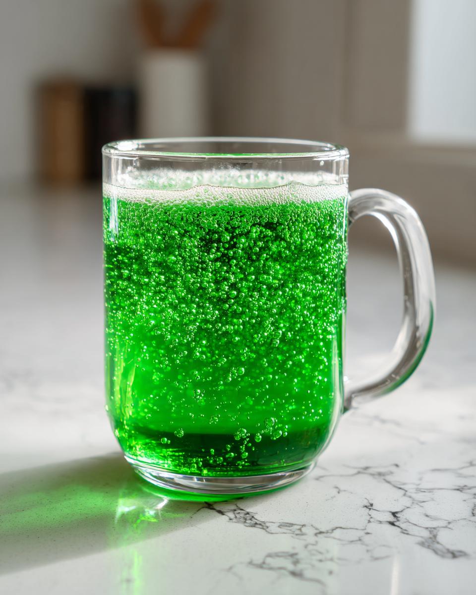 A clear glass mug filled with vibrant, fizzy Goblin Green Punch, sitting on a white marble counter.