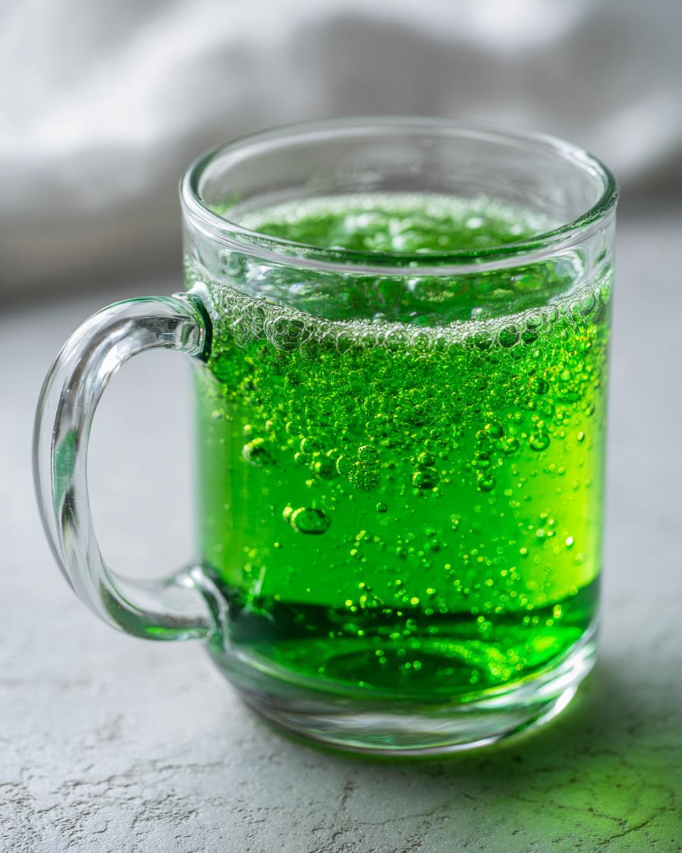 Close-up of bright green, fizzy Goblin Green Punch served in a clear glass mug.