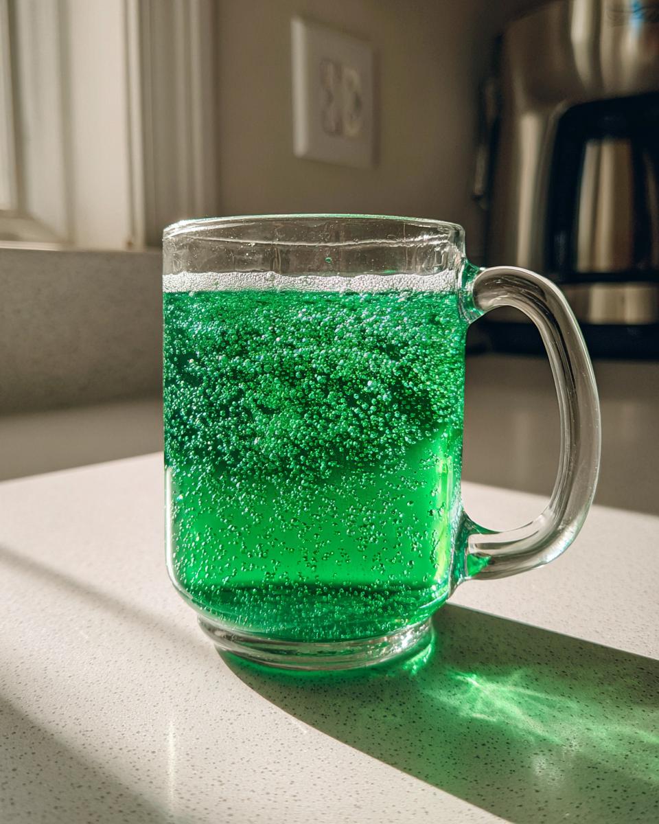 A clear glass mug filled with bright, fizzy green Goblin Green Punch, catching sunlight on a countertop.