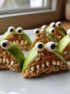 Several fun Green Apple Monsters made with apple slices, peanut butter, sunflower seeds, and candy eyes sitting on a white plate.