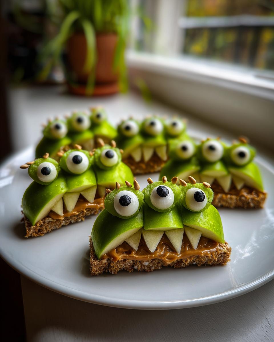 Several servings of Green Apple Monsters made with apple slices, peanut butter, and candy eyes on toast.