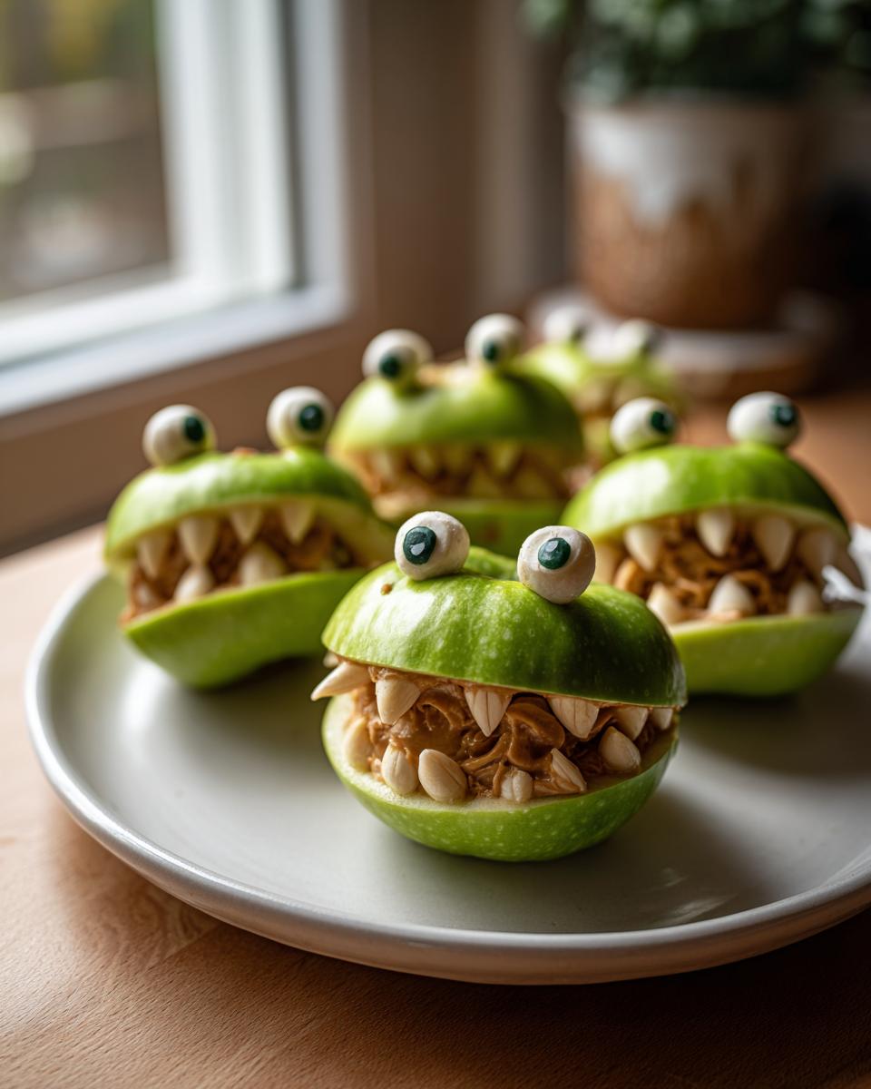 Several fun Green Apple Monsters made from Granny Smith apples, peanut butter, and almond slivers, sitting on a white plate.