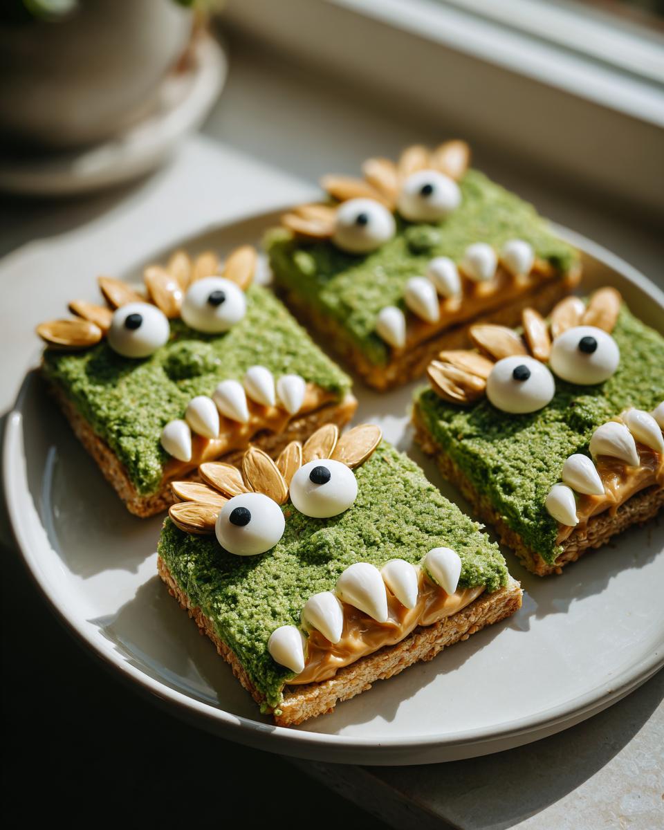 Four square treats decorated as Green Apple Monsters with green topping, peanut butter mouths, candy eyes, and almond slice hair.