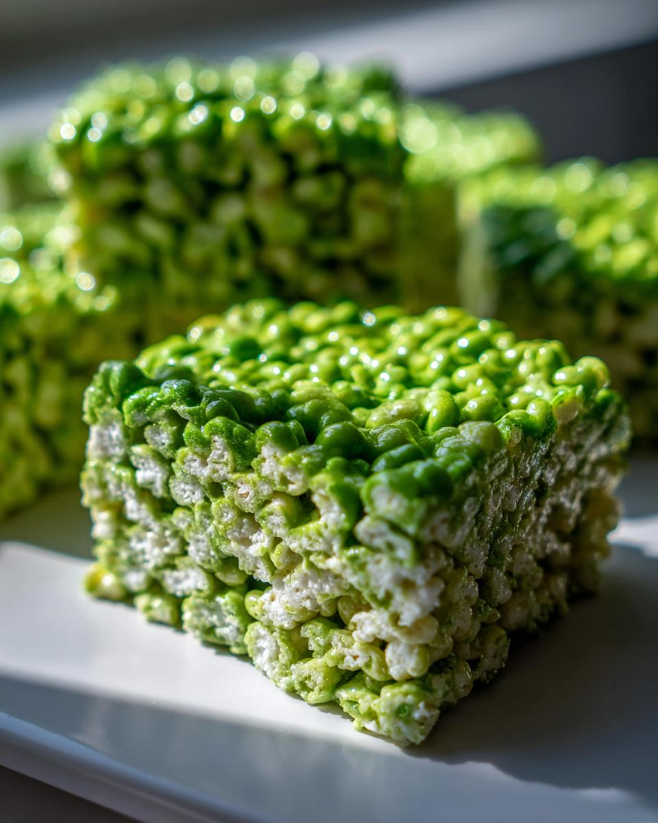 A close-up of a square, bright green Frankenstein Rice Krispie Bars treat sitting on a white surface.