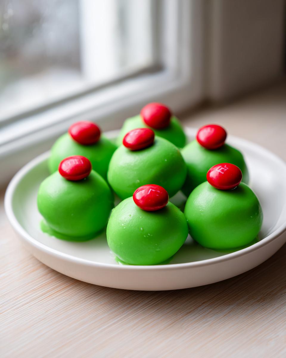 A plate of bright green Grinch Oreo Balls topped with a single red candy, set near a window.