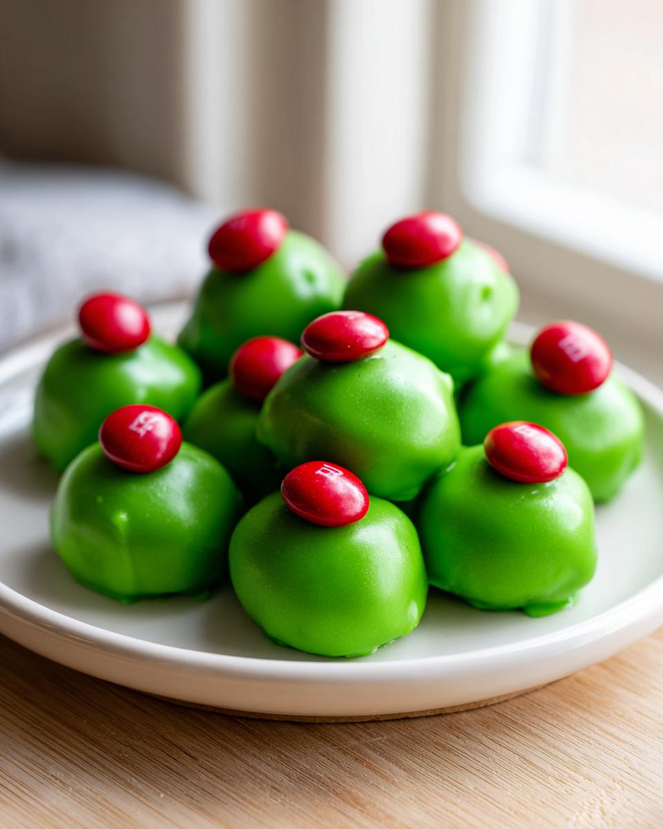 A close-up of several bright green Grinch Oreo Balls topped with a single red M&M candy.