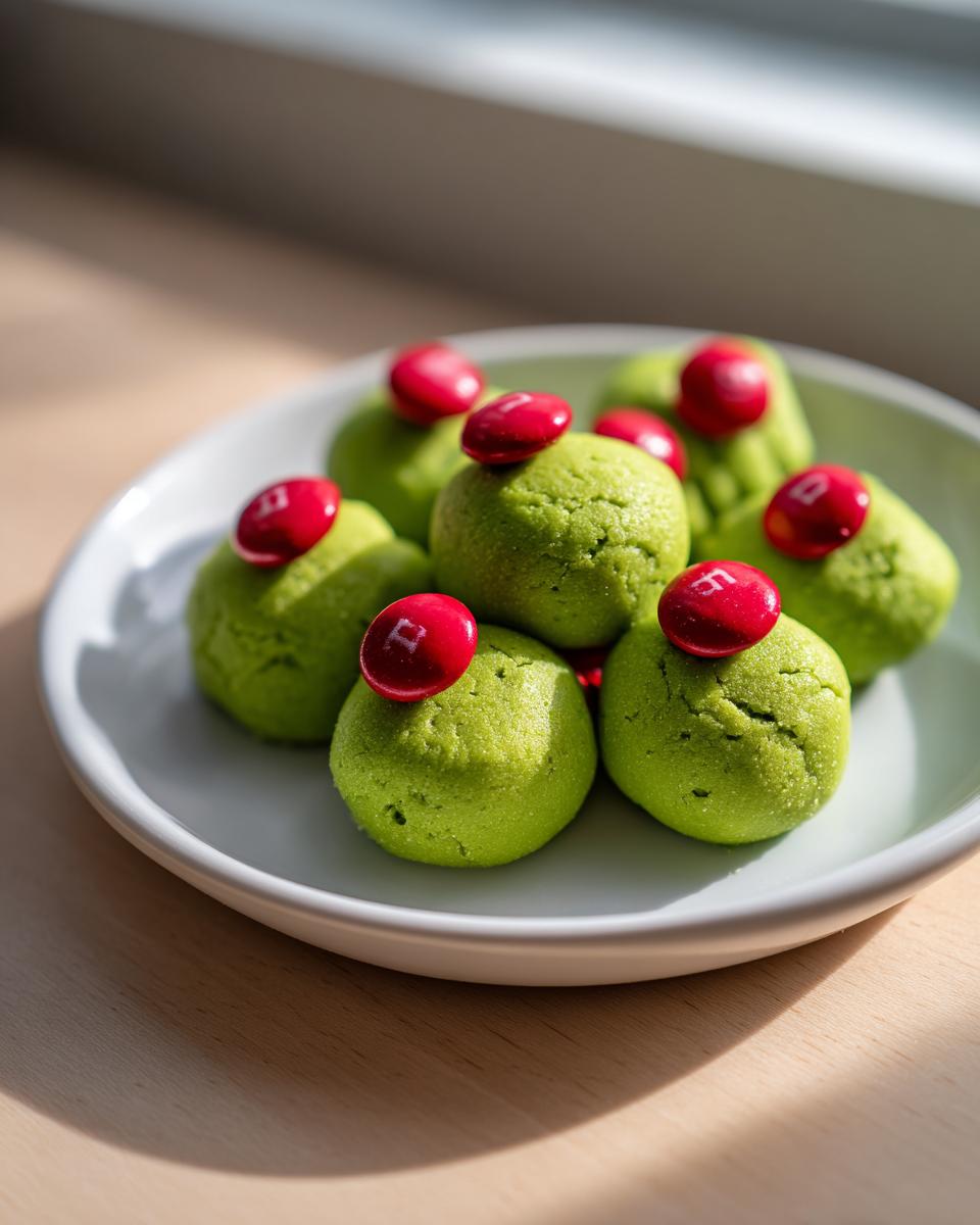 A plate of vibrant green Grinch Oreo Balls, each topped with a single red candy representing the Grinch's heart.