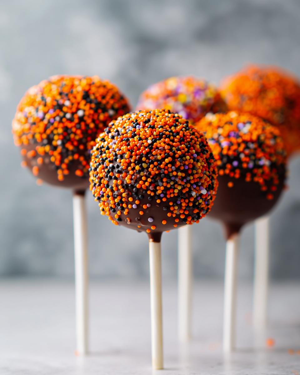 Close-up of several chocolate Halloween Cake Pops dipped in orange and black sprinkles.
