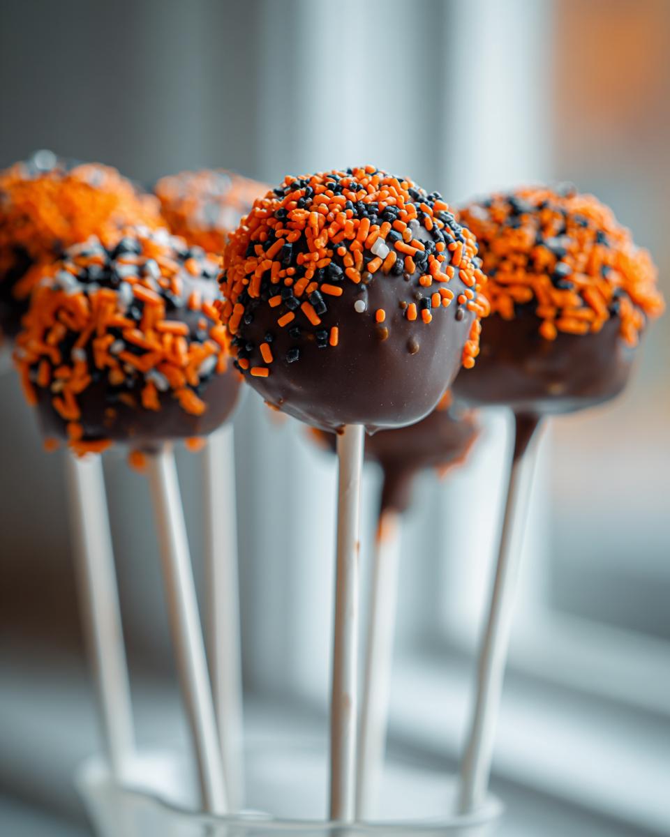 Close-up of chocolate-dipped Halloween Cake Pops covered in orange and black sprinkles.