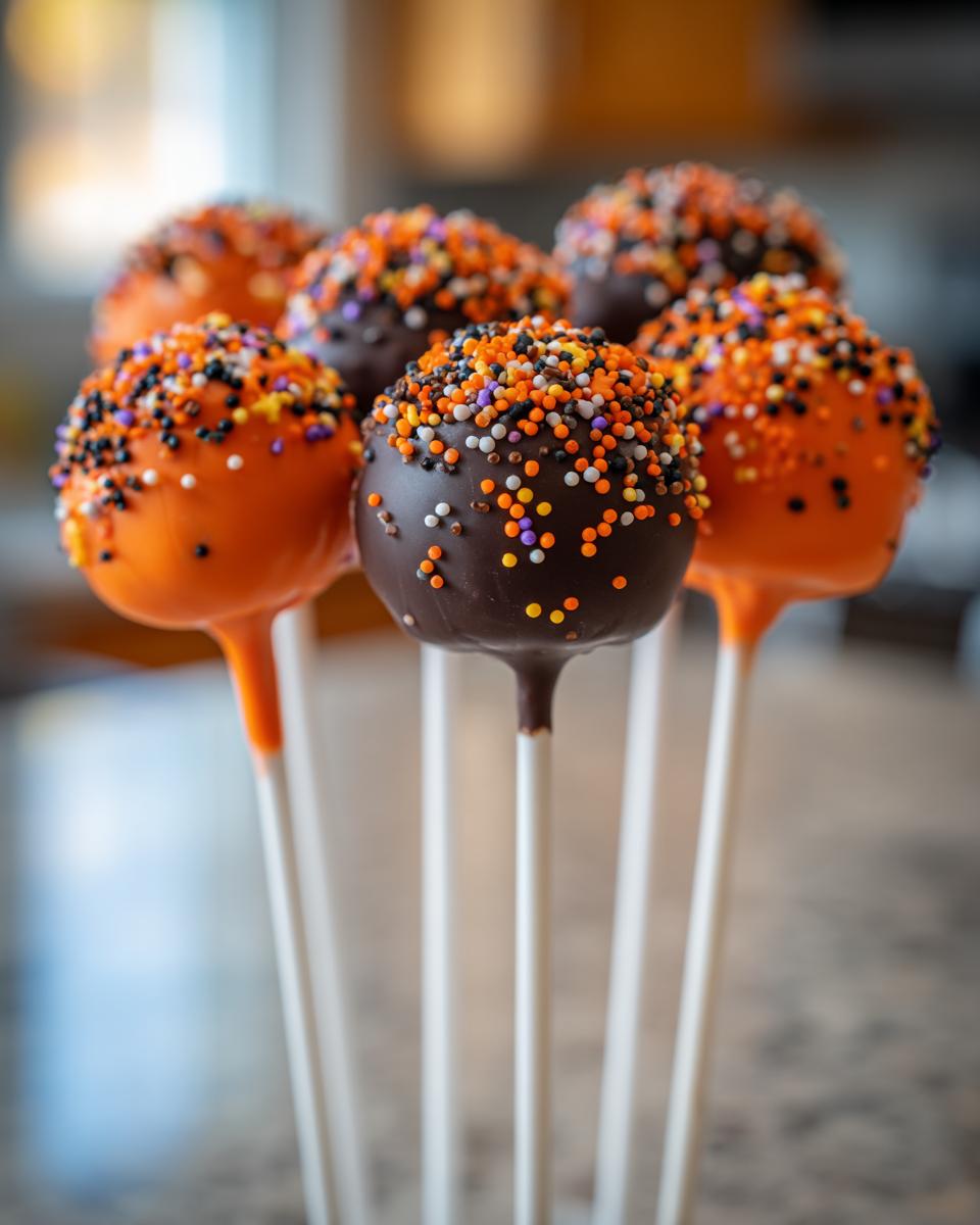A group of festive Halloween Cake Pops, half orange and half chocolate, covered in colorful sprinkles.