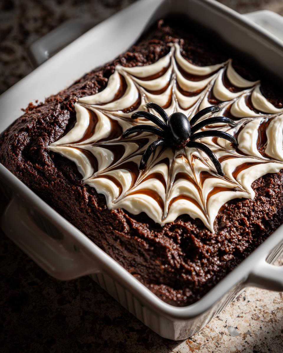 A chocolate brownie with white and dark frosting spiderweb design and a plastic spider, perfect for Halloween Dinner Ideas.