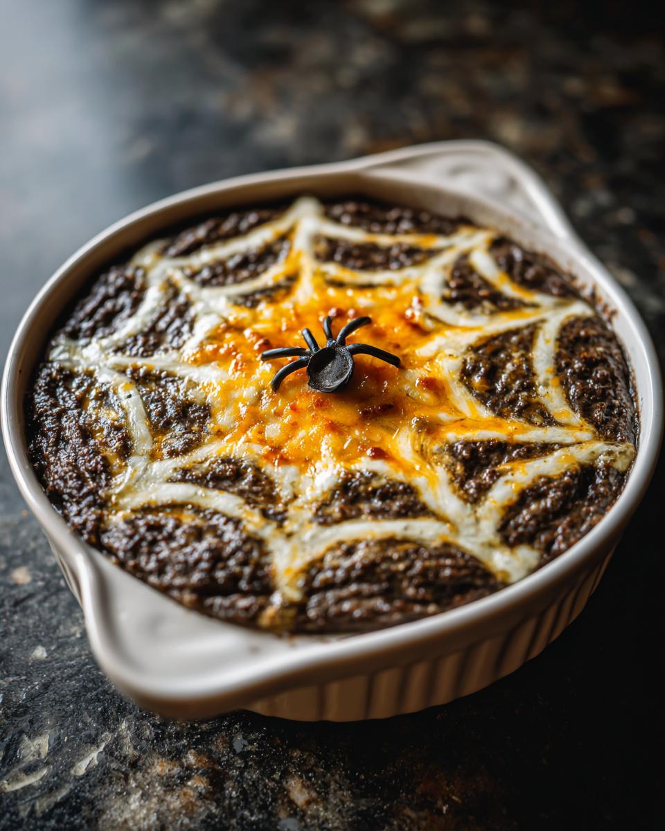 Dark dip topped with a melted cheese spiderweb design and a plastic spider for Halloween Dinner Ideas.