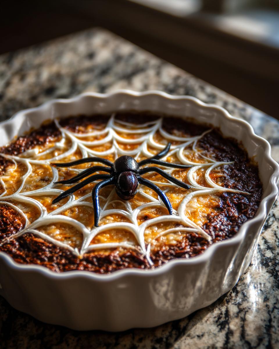 Savory dip decorated with a white icing spiderweb and a plastic spider for Halloween Dinner Ideas.