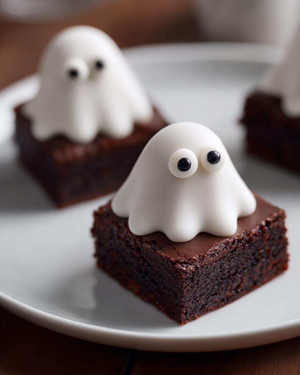 A close-up of a fudgy brownie topped with a cute white icing ghost decoration, perfect for Halloween Ghost Brownies.