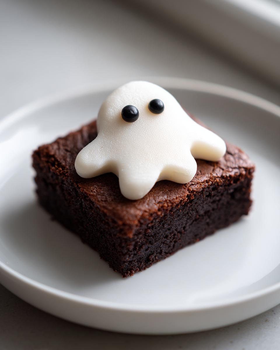 A fudgy square of a Halloween Ghost Brownie topped with a white fondant ghost decoration.