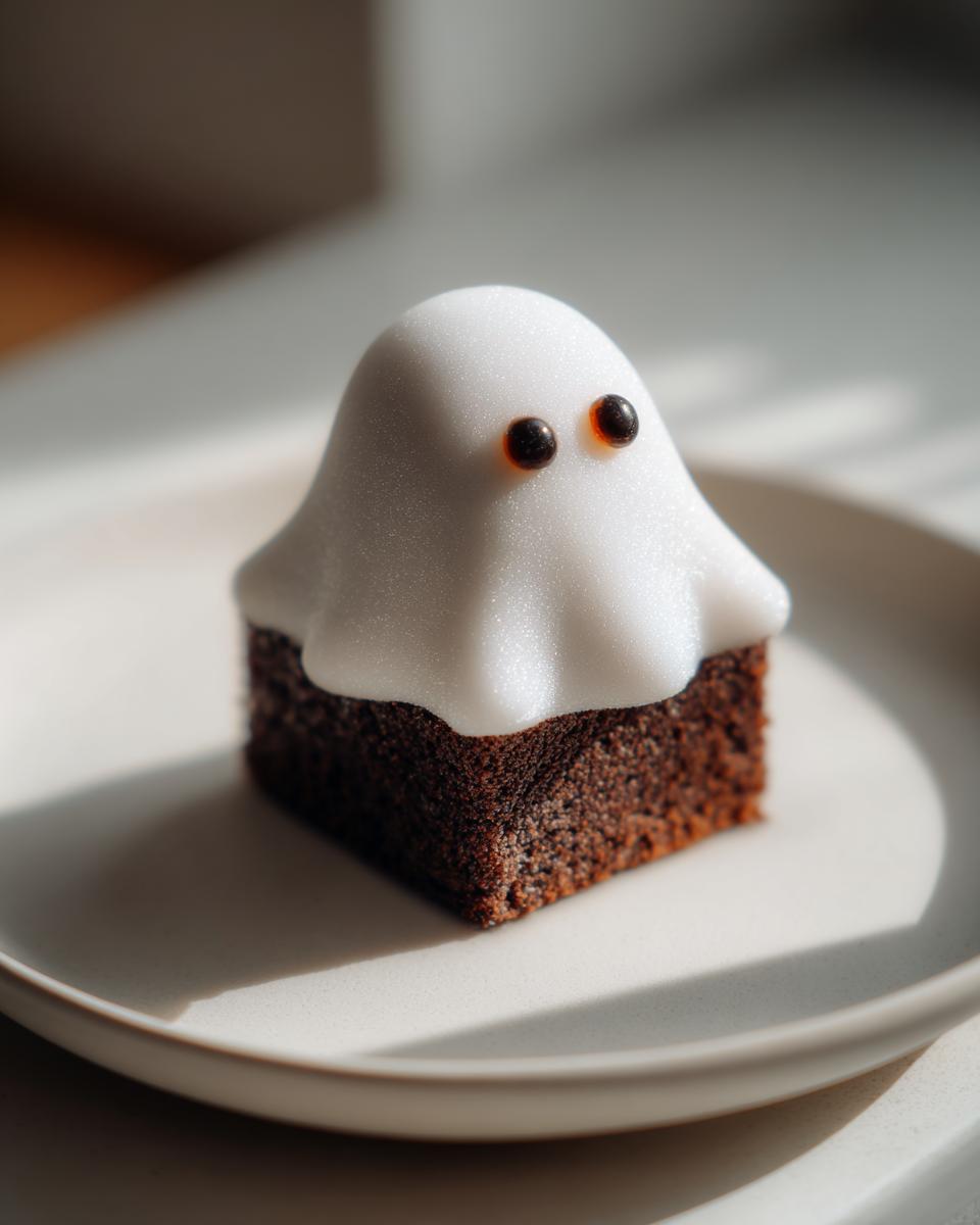 A single, square Halloween Ghost Brownie topped with white frosting and two dark eyes, sitting on a light plate.
