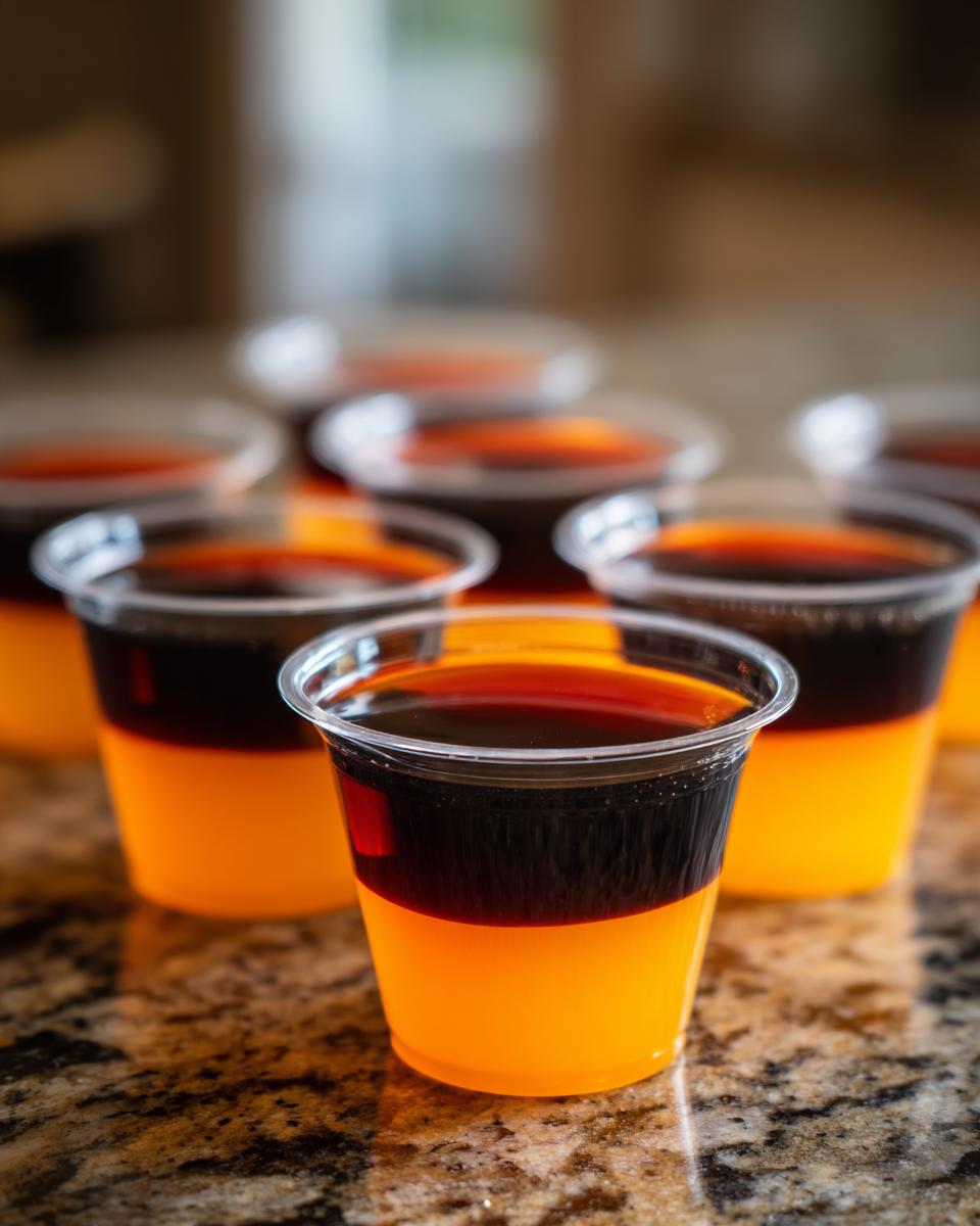 Close-up of layered orange and black Halloween Jello Shots in clear plastic cups on a granite counter.