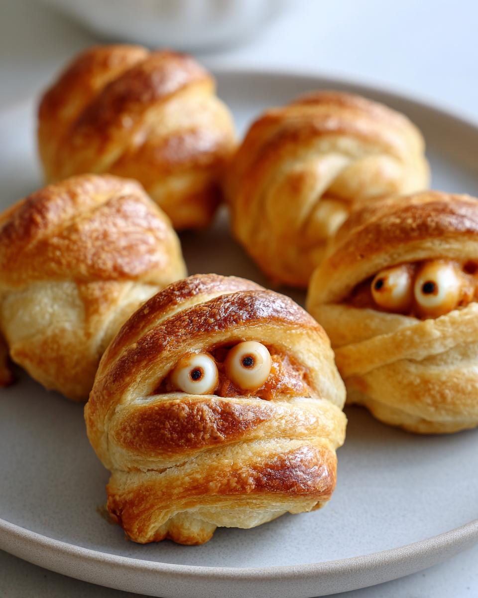 Close-up of golden-brown Halloween Mummy Meatballs wrapped in pastry dough with candy eyes peeking out.