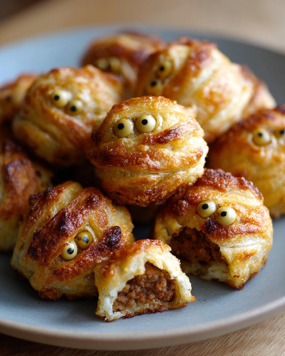 Close-up of baked Halloween Mummy Meatballs wrapped in pastry with candy eyes, one is cut open showing the meat filling.