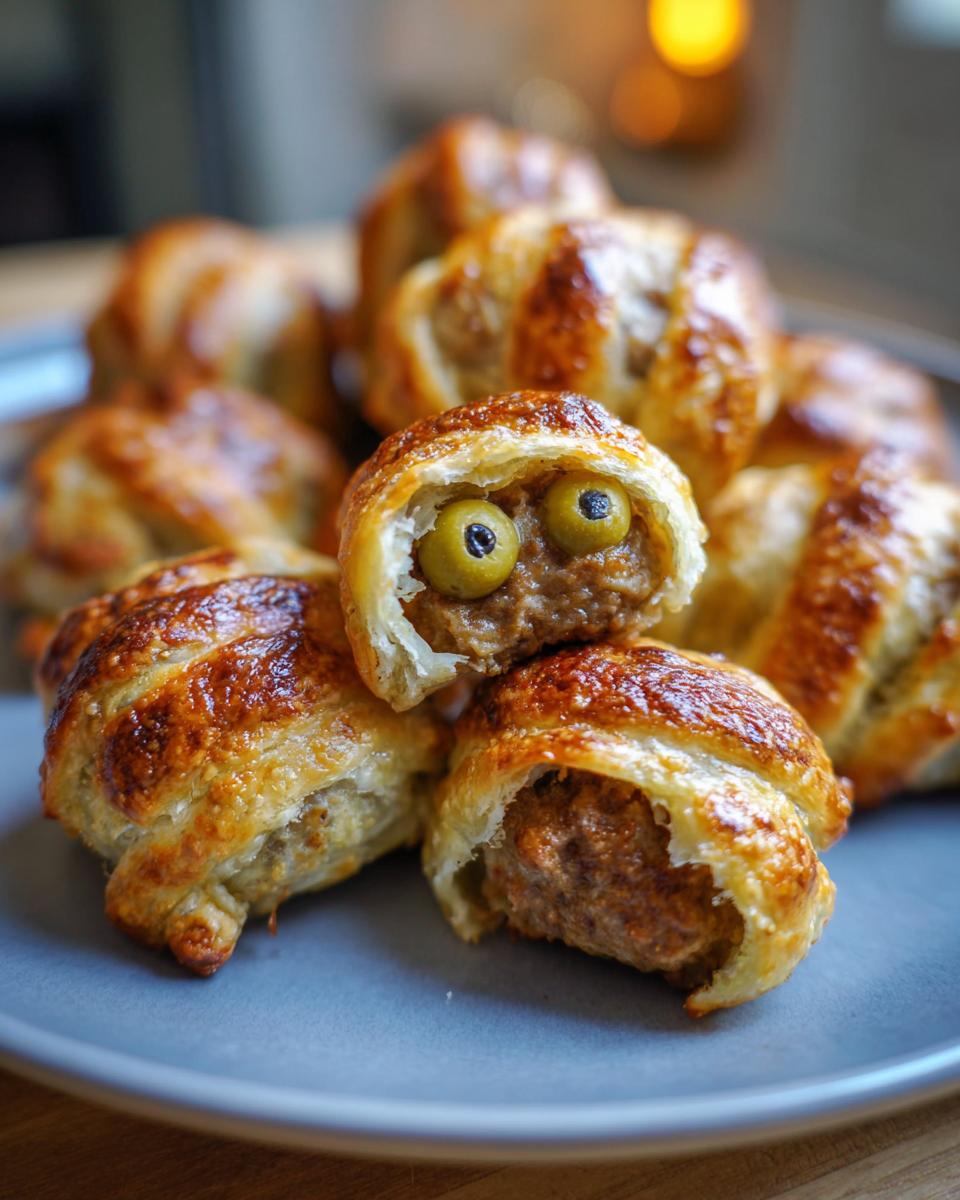 Close-up of golden baked Halloween Mummy Meatballs wrapped in pastry, featuring olive eyes.