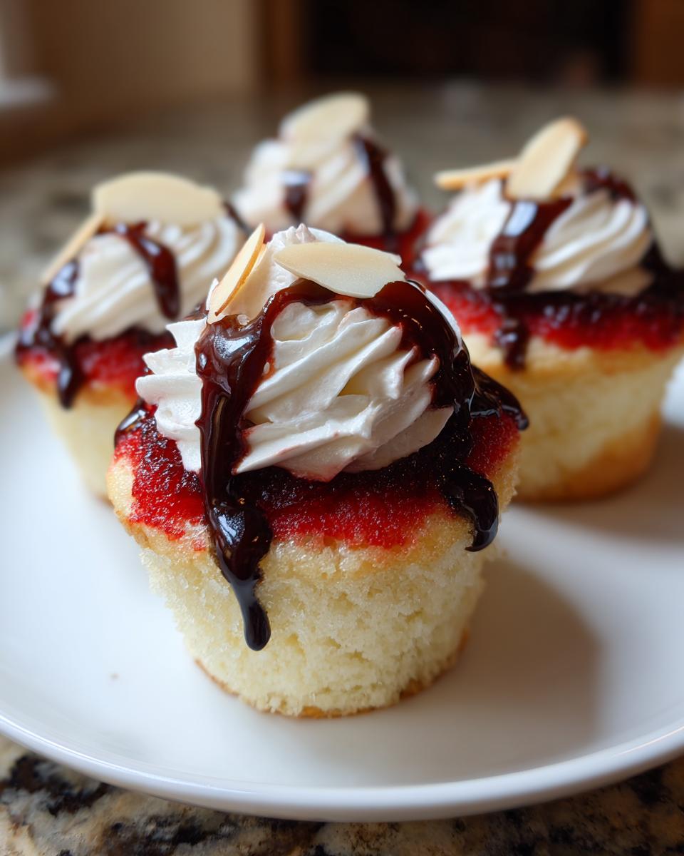 Close-up of Halloween Vampire Bite Cupcakes topped with white frosting, red filling, chocolate syrup, and almond slivers.