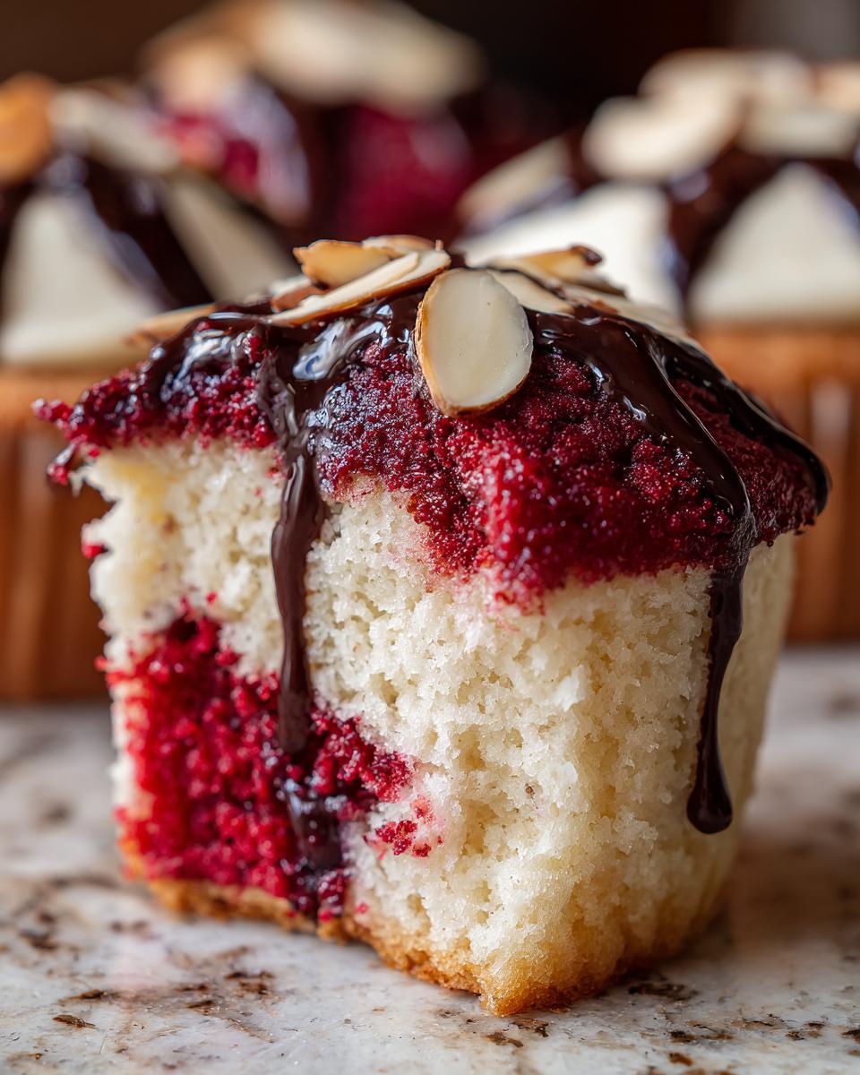 Close-up of a Halloween Vampire Bite Cupcakes cross-section showing white cake, red filling, chocolate drizzle, and sliced almonds.