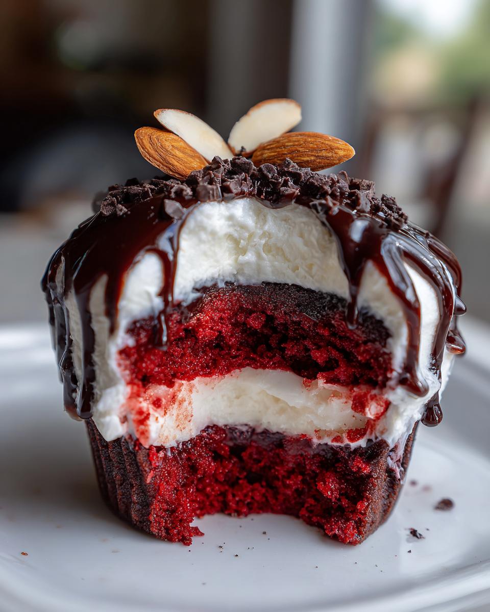 Close-up of a Halloween Vampire Bite Cupcakes cross-section showing red velvet cake, white filling, chocolate drizzle, and almond fangs.