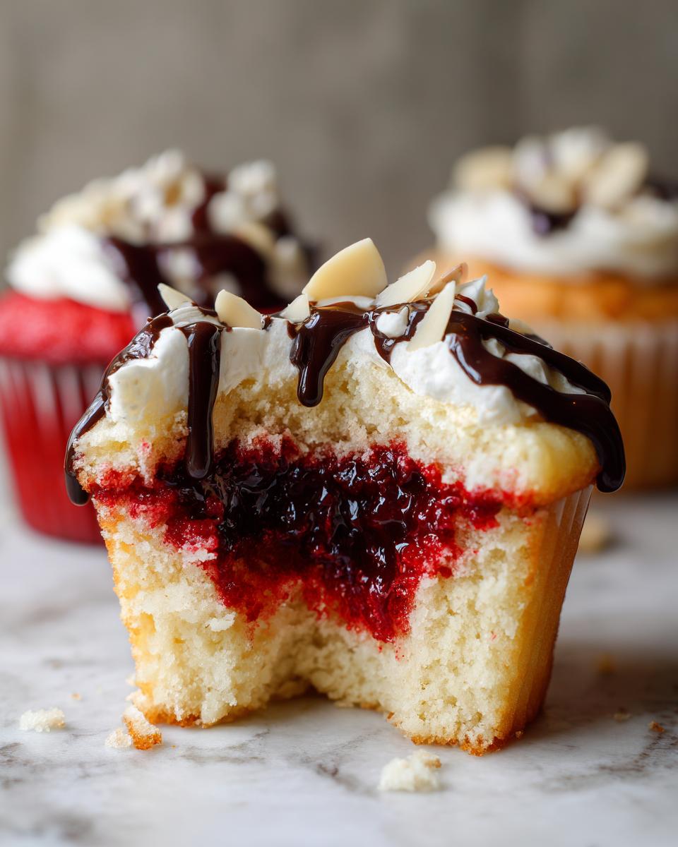 Close-up of a Halloween Vampire Bite Cupcakes cross-section showing red filling, whipped topping, and chocolate drizzle.