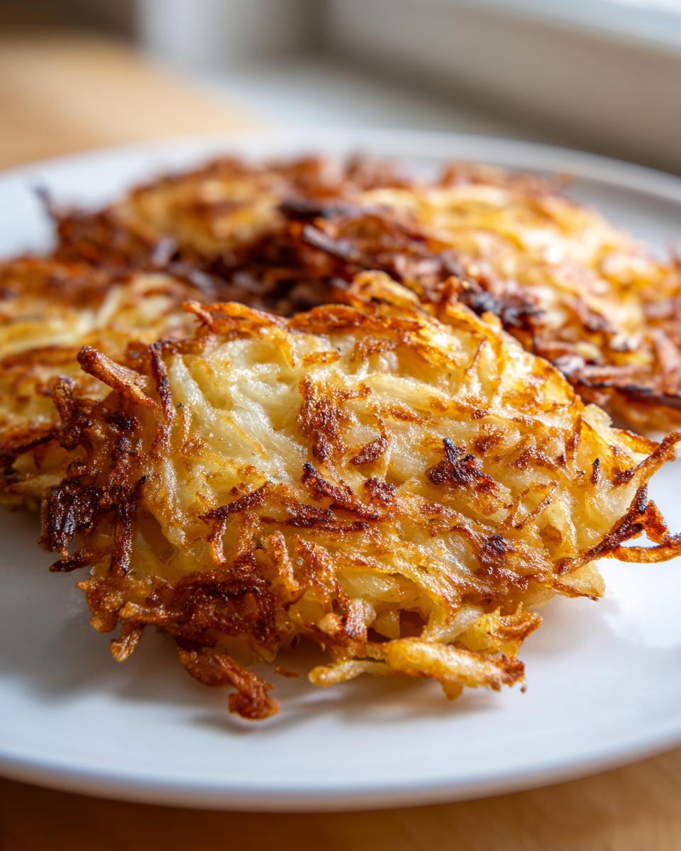 Close-up of golden brown, crispy Haunted Hash Browns piled on a white plate, showing shredded potato texture.