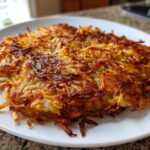A large, perfectly golden-brown and crispy Haunted Hash Browns patty served on a white plate.
