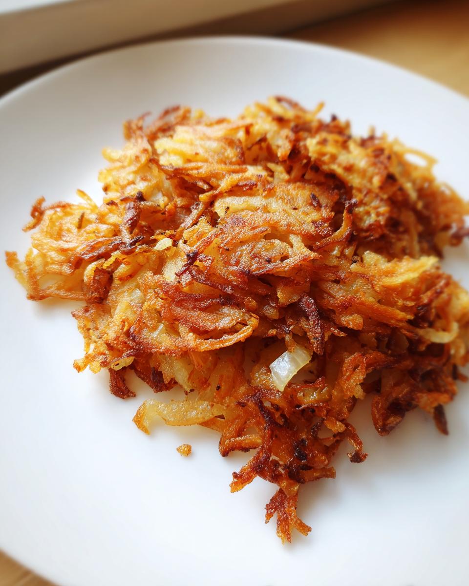 A close-up of perfectly crispy, golden-brown Haunted Hash Browns piled on a white plate.
