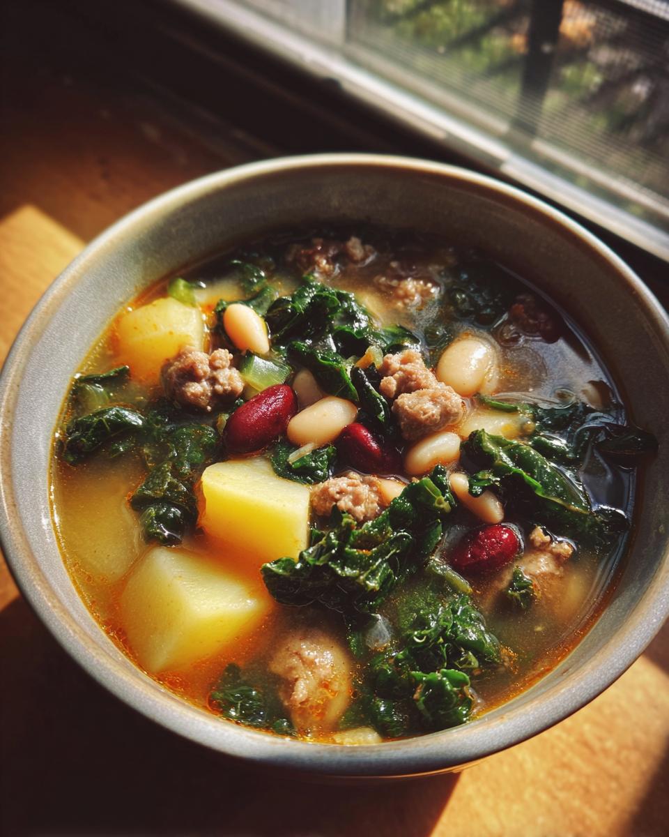 A close-up bowl of Hearty Sausage Soup With Potatoes Beans And Kale, featuring chunks of potato, sausage, kale, and mixed beans.