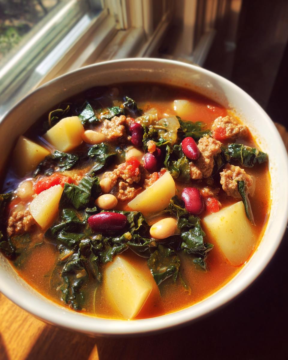 A close-up bowl of Hearty Sausage Soup With Potatoes Beans And Kale, featuring chunks of potato, kale, and mixed beans in a rich broth.