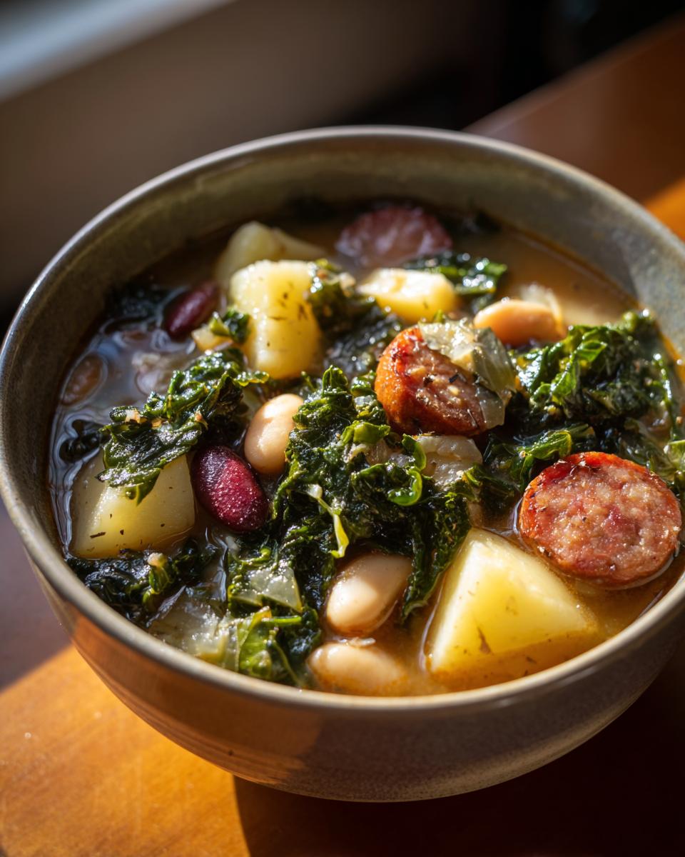 A close-up view of a bowl of Hearty Sausage Soup With Potatoes Beans And Kale, showing chunks of sausage, potatoes, kale, and white beans.
