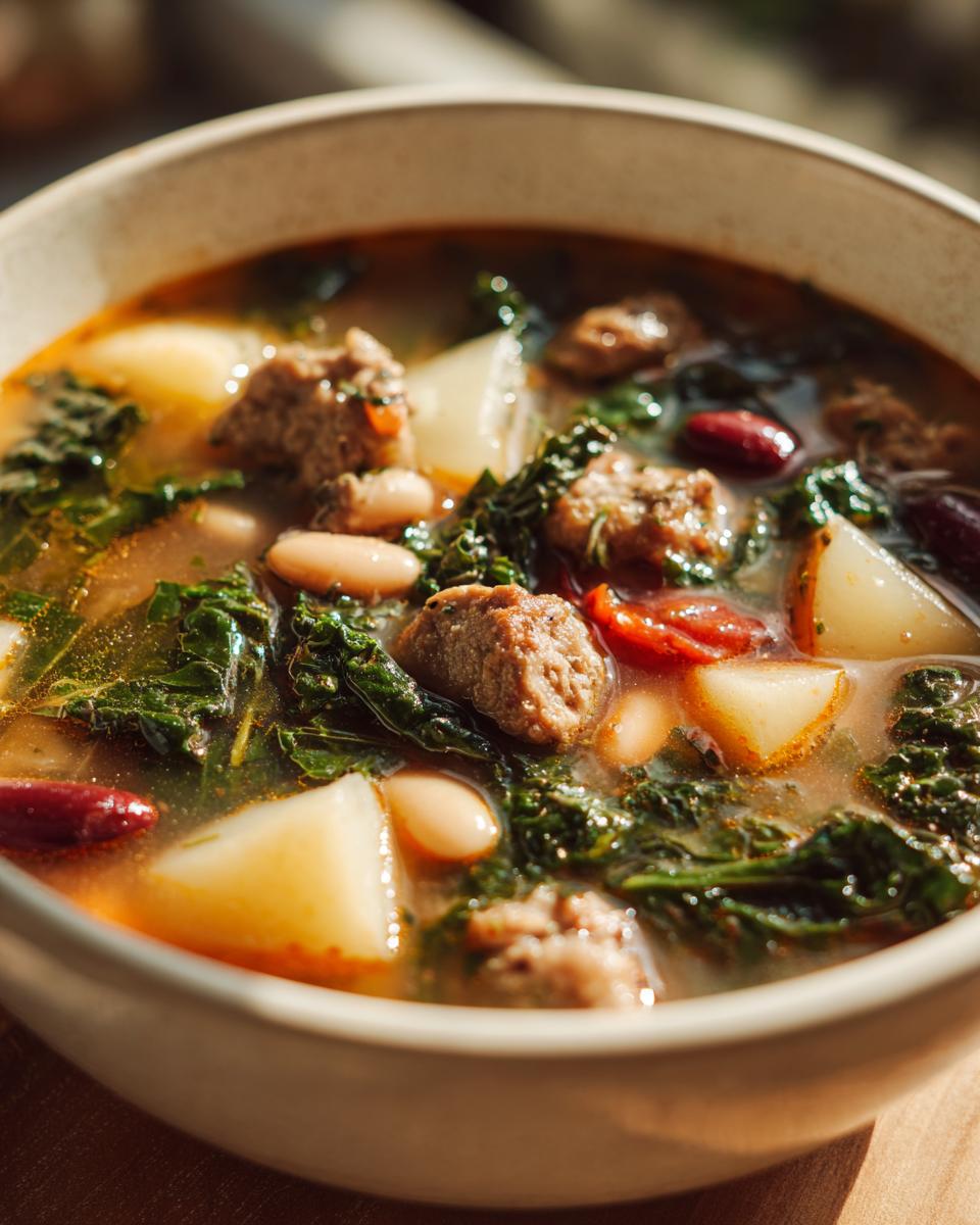 A close-up view of a steaming bowl of Hearty Sausage Soup With Potatoes Beans And Kale, showing chunks of sausage, potatoes, kale, and beans.
