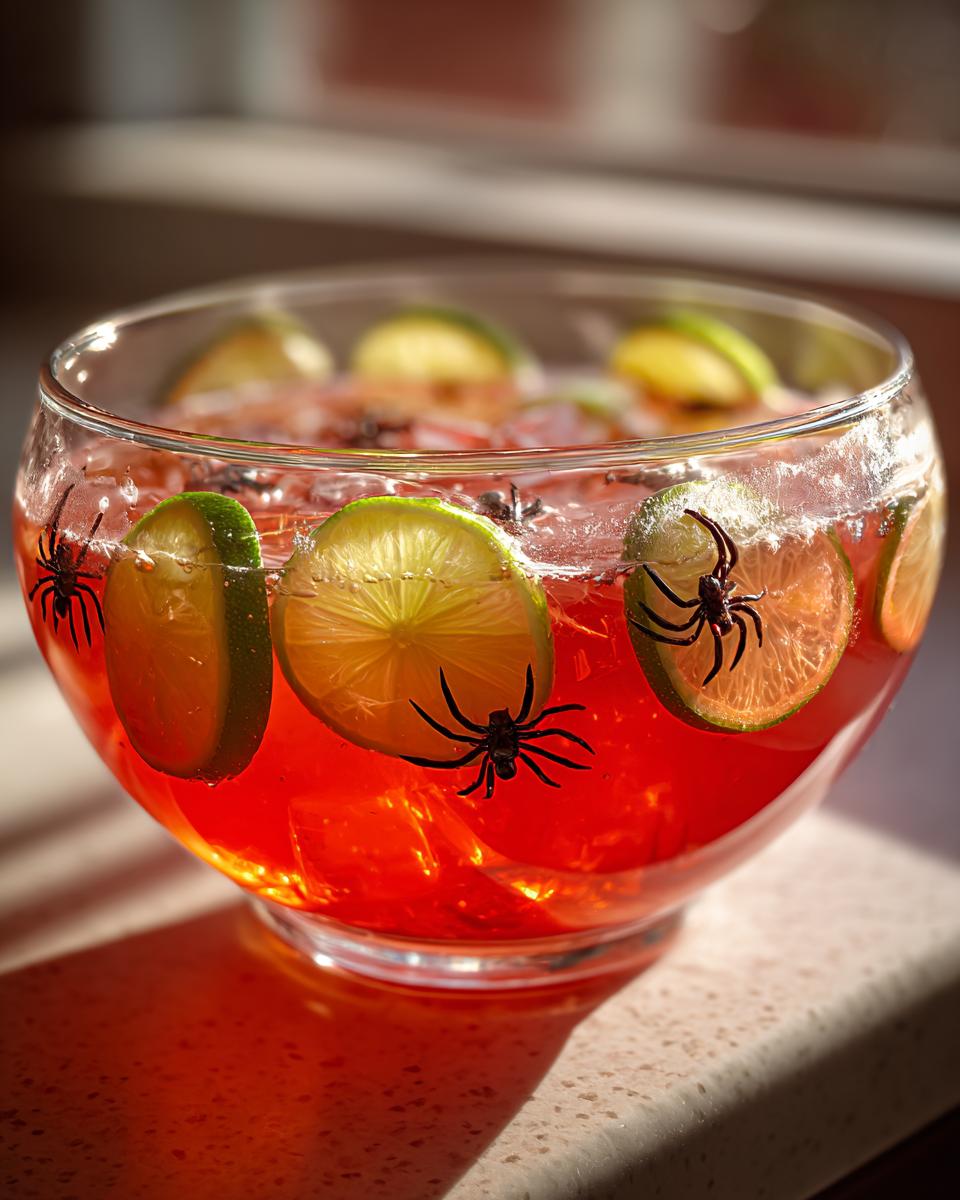 Close-up of a bright red Hocus Pocus Halloween Punch in a glass bowl garnished with lime slices and plastic spiders.