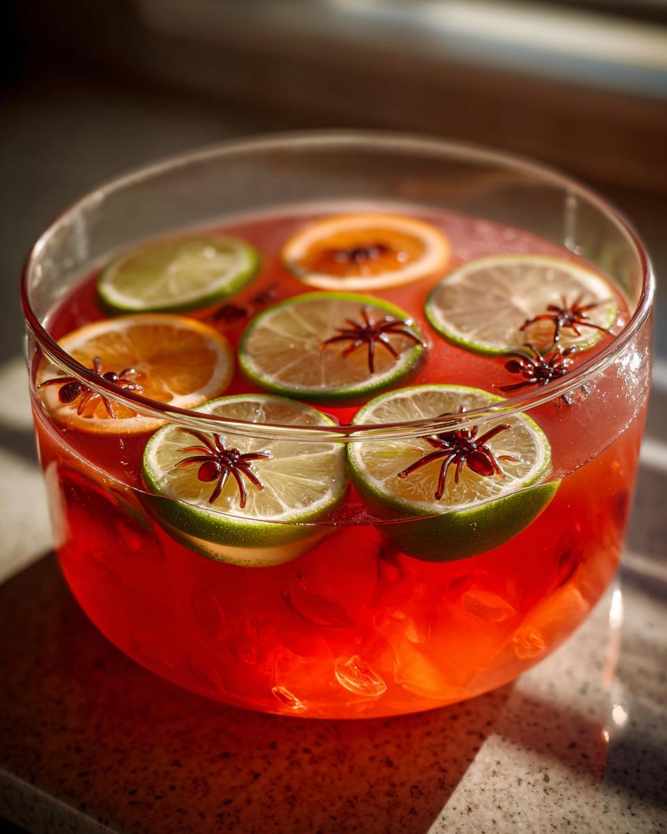 Close-up of Hocus Pocus Halloween Punch in a glass bowl, garnished with lime, orange slices, and plastic spiders.