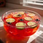 A clear glass bowl filled with bright red Hocus Pocus Halloween Punch, garnished with lime slices and plastic spiders.