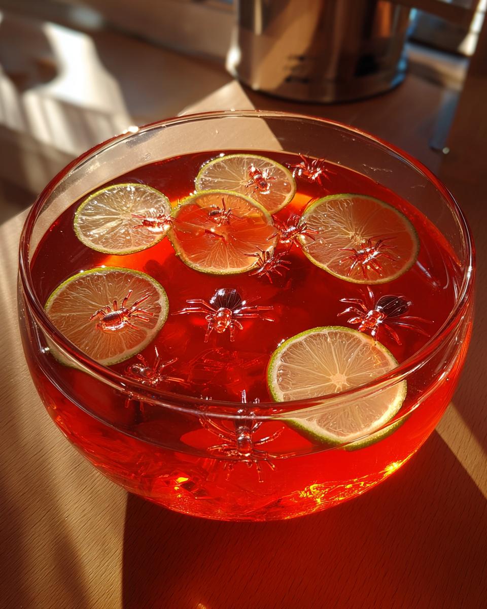 Close-up of bright red Hocus Pocus Halloween Punch in a glass bowl, garnished with lime slices and plastic spiders.