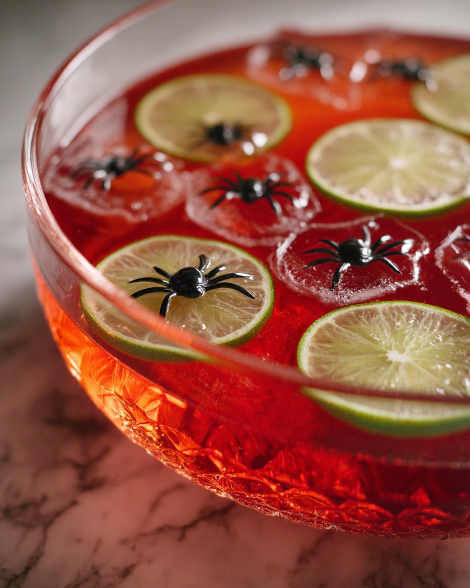 Close-up of bright red Hocus Pocus Halloween Punch in a glass bowl garnished with lime slices and plastic spiders.