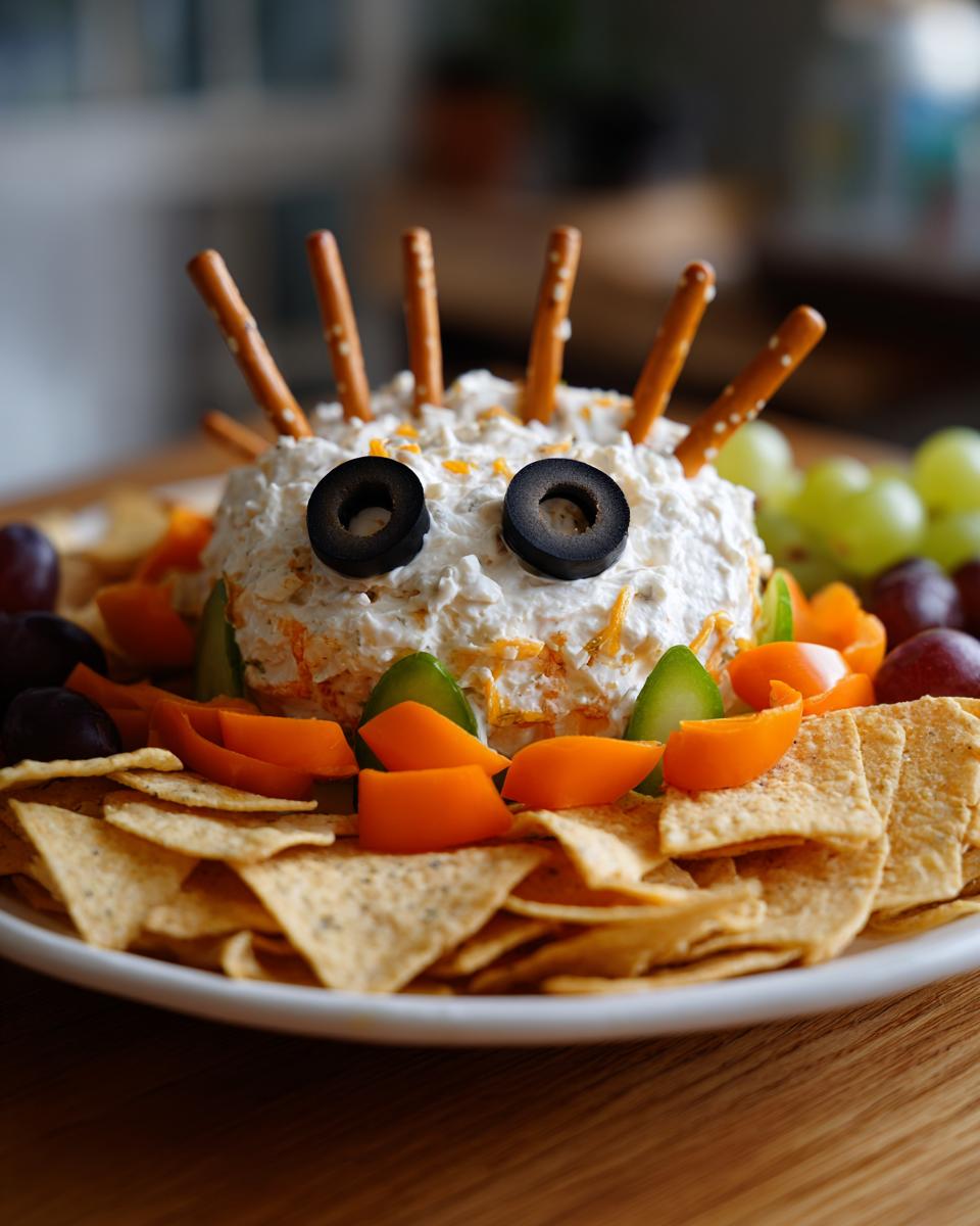 A spooky Hocus Pocus Snack Board featuring a cheese ball decorated like a creature with olive eyes and pretzel legs.