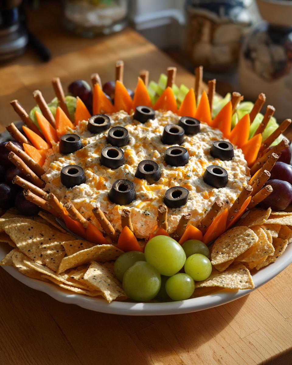 A circular Hocus Pocus Snack Board featuring a central cheese dip topped with black olives, surrounded by carrots, pretzel sticks, and grapes.